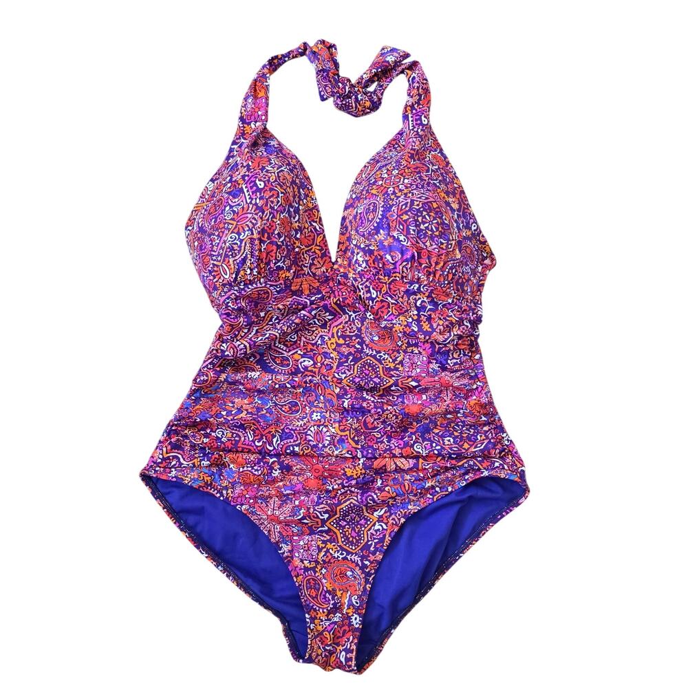 Lauren Ralph Lauren One Piece Swimsuit Womens Size 14 Purple Pink Paisley Halter